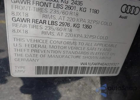 2014 Audi Q5 2.0T Premium from USA, damaged, VIN WA1LFAFP4EA026327